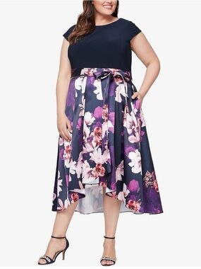 SLNY Floral Fit Flare Hi Low Midi Dress Belted Cap Sleeve Navy Purple 20W NWT